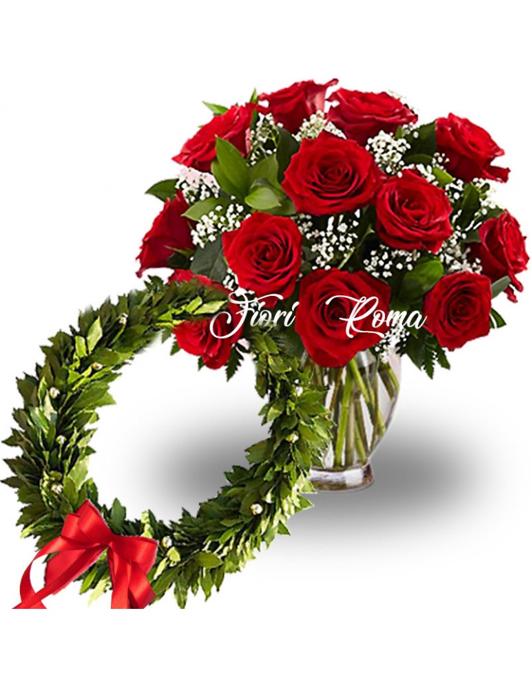 Bouquet di rose rosse e Coroncina d'alloro per laurea con nastro rosso