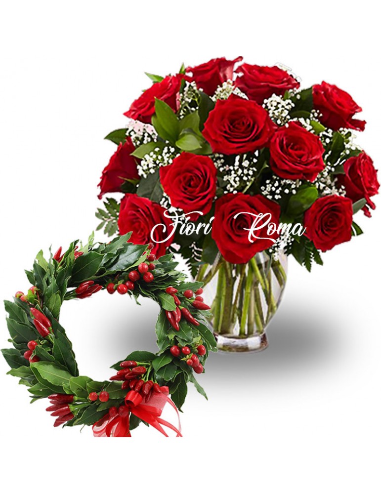 Bouquet di rose rosse e coroncina d'alloro con bacche rosse e nastro rosso per Laurea