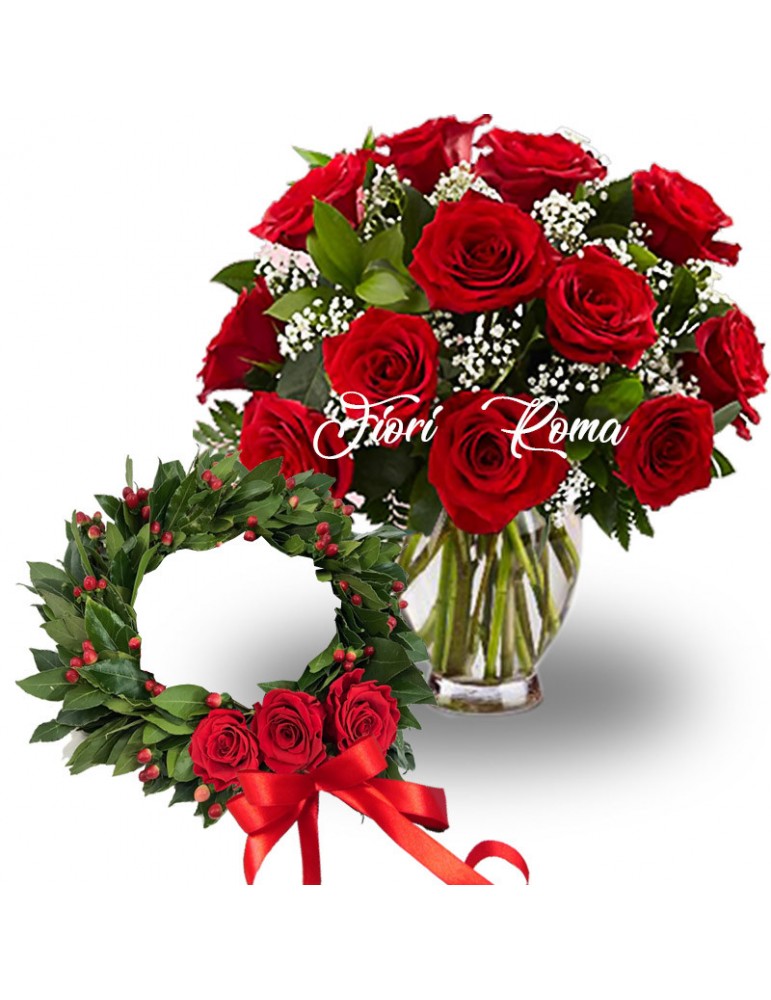 Bouquet di rose rosse e coroncina d'alloro per laurea con bacche rosse e rose rosse