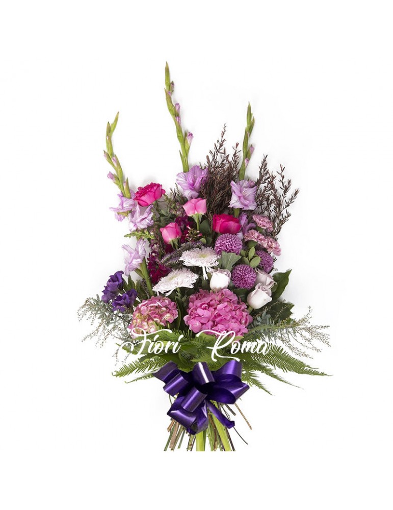 Pink funeral bouquet with roses and chrysanthemums Purple and pink