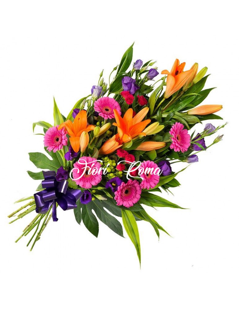 Funeral bouquet with orange lilies and pink gerberas