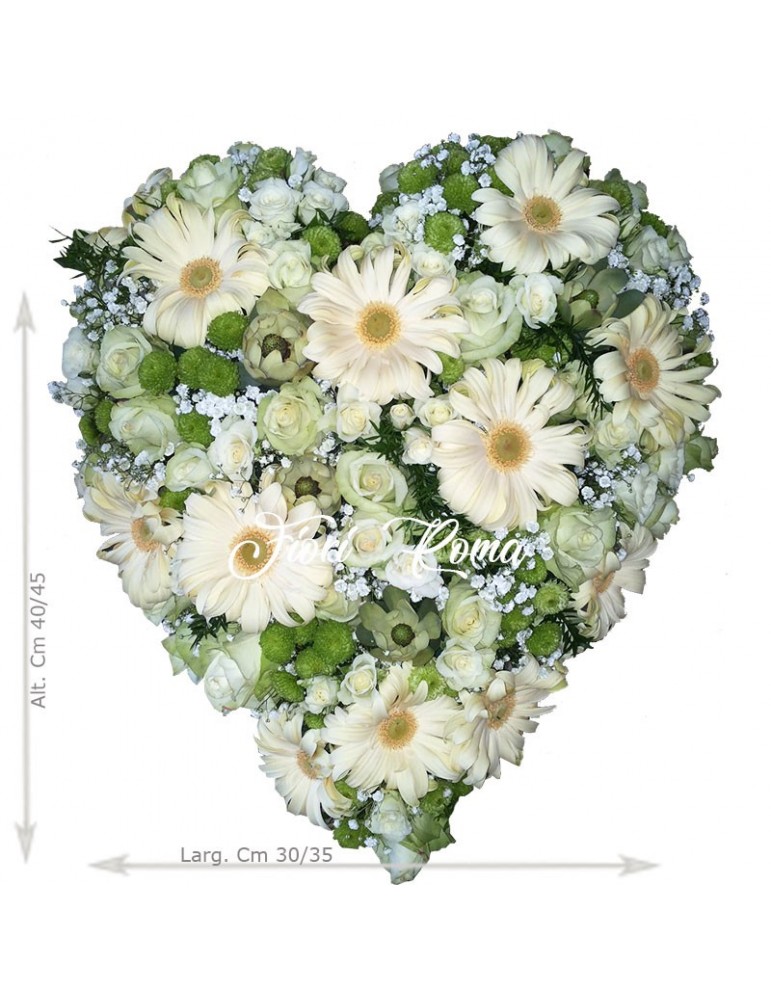 Funeral heart with white flowers of gerberas and roses