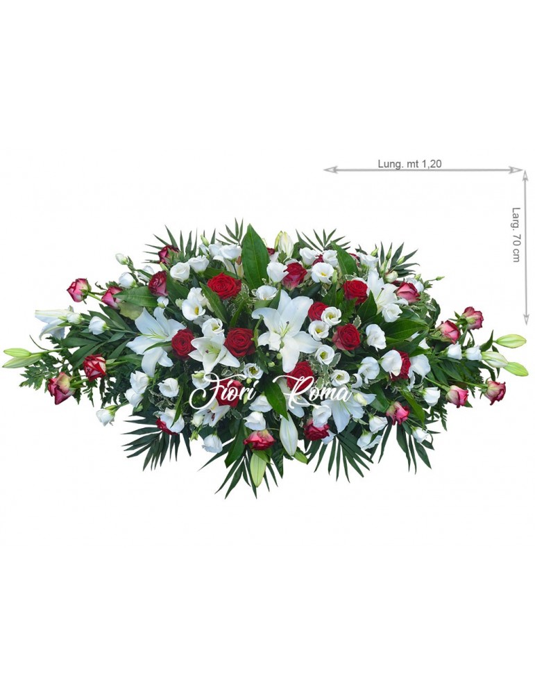Cuscino funebre di rose rosse e fiori bianchi