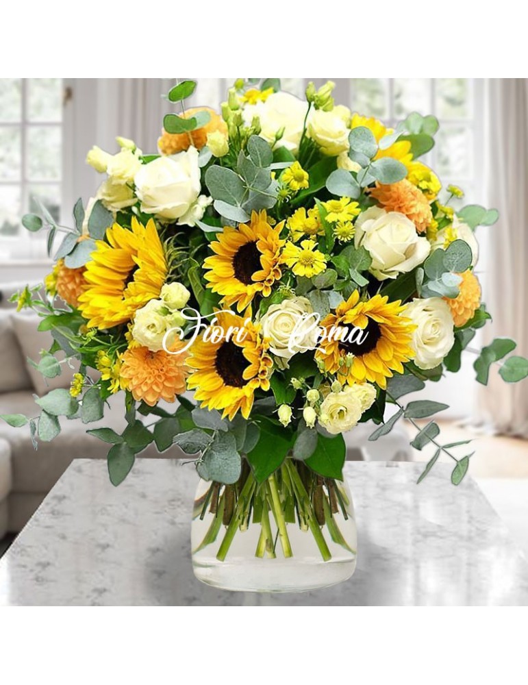 Fantasy summer bouquet with sunflowers and white roses can be found at our Florist in Rome near Unicusano University