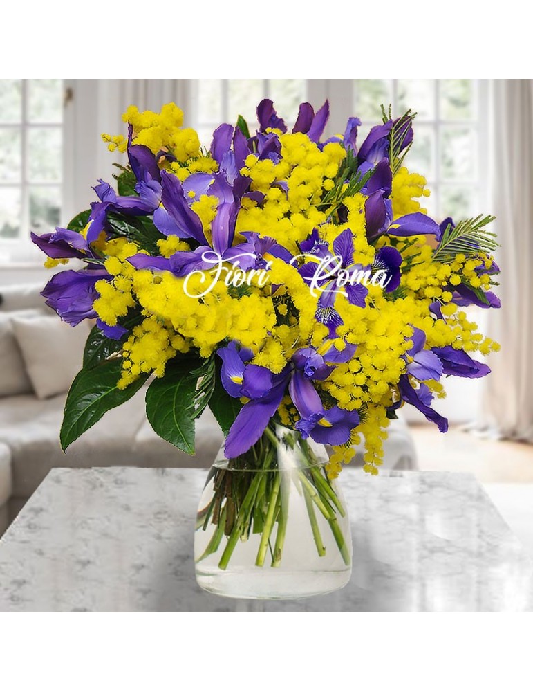 Bouquet con Mimosa e iris blu