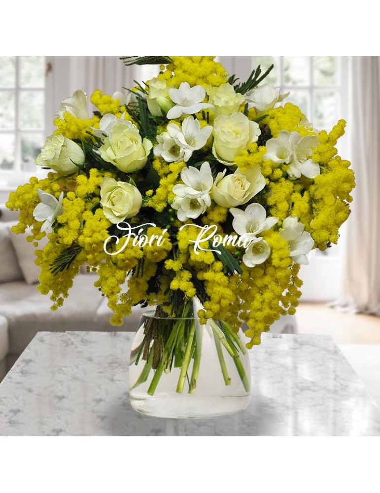 Bouquet with mimosa roses and white flowers