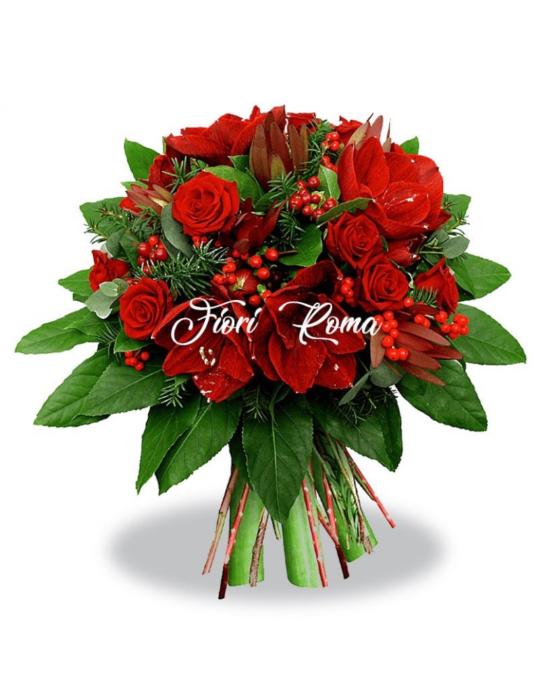 Bouquet Natalizio Rosso con rose bacche e amarillys
