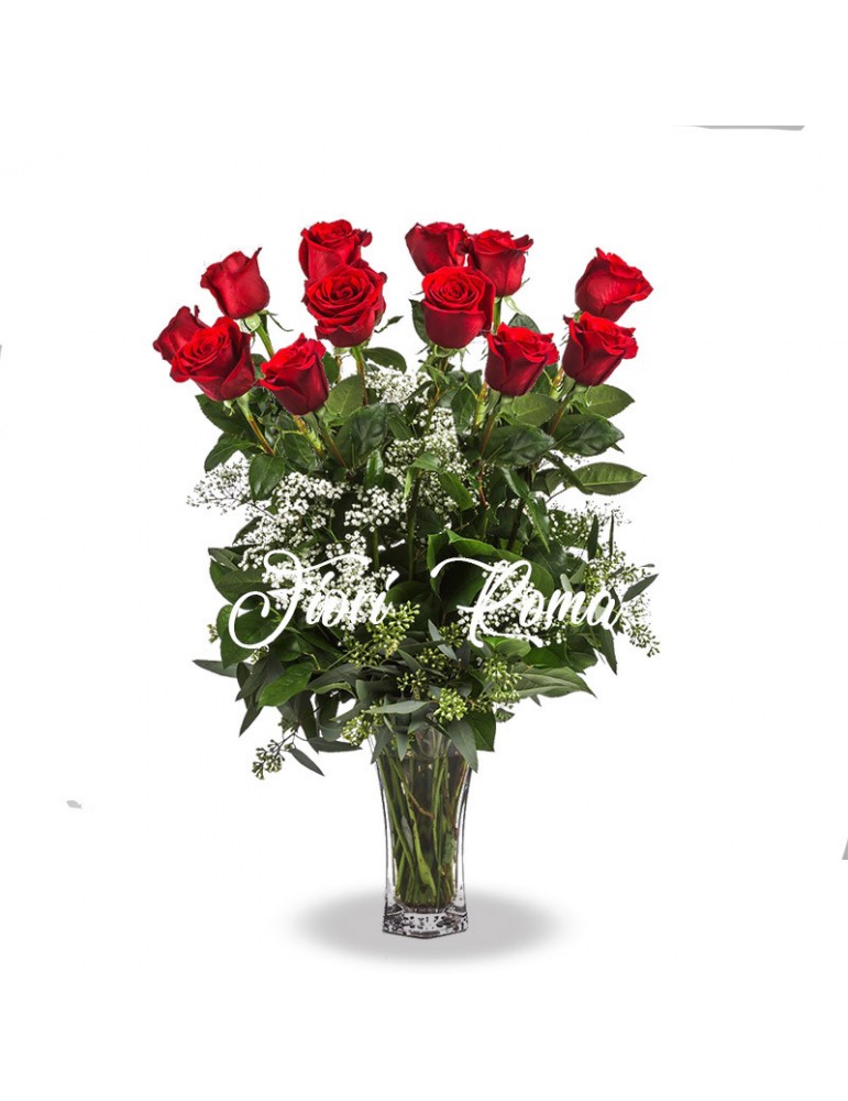 bundle of 12 long stemmed red roses in beautiful packaging