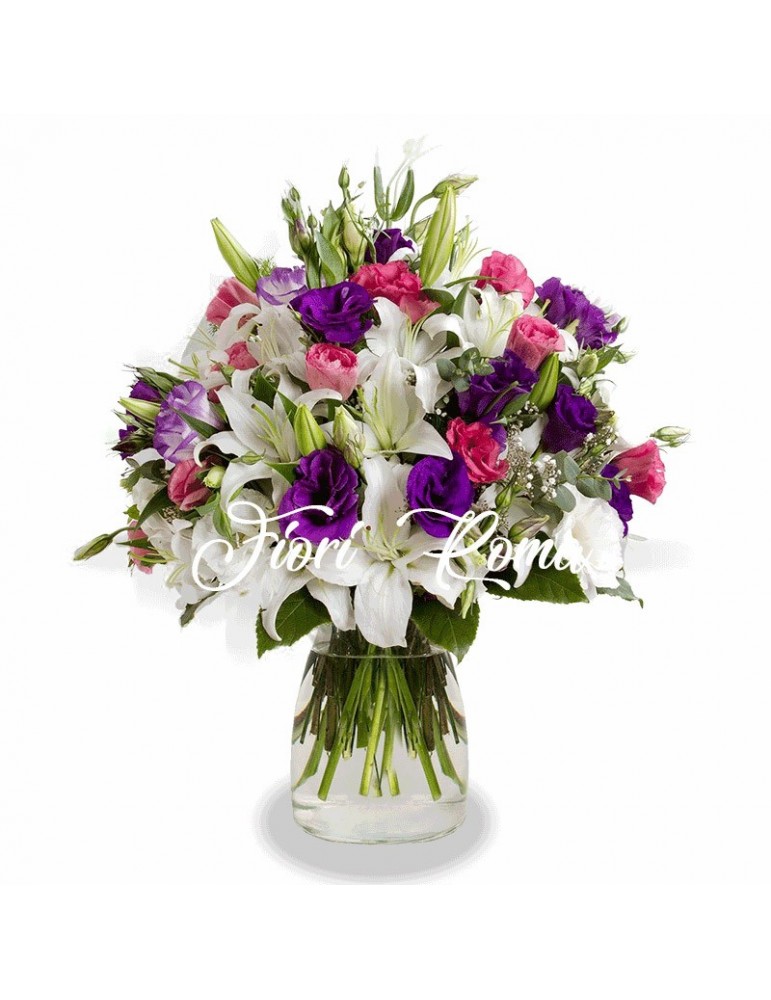 Bouquet con lilium bianchi e fiori misti rosa e viola per anniversario