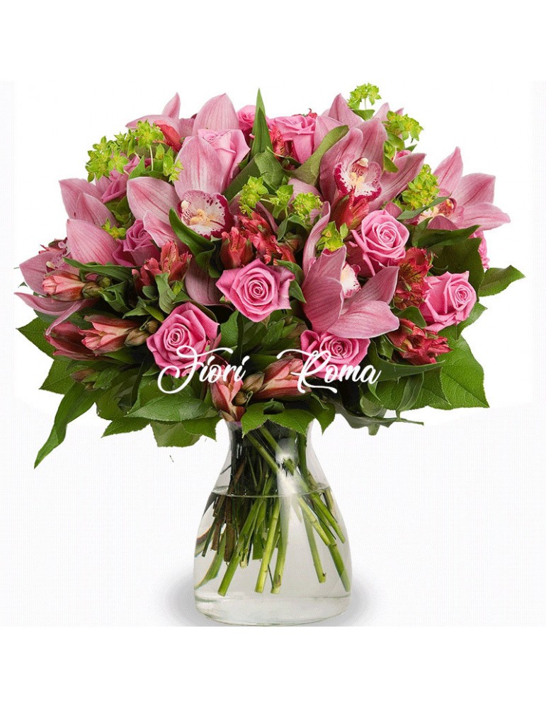 Bouquet with pink roses and pink orchid flowers at the Florist in the belsito district of Rome