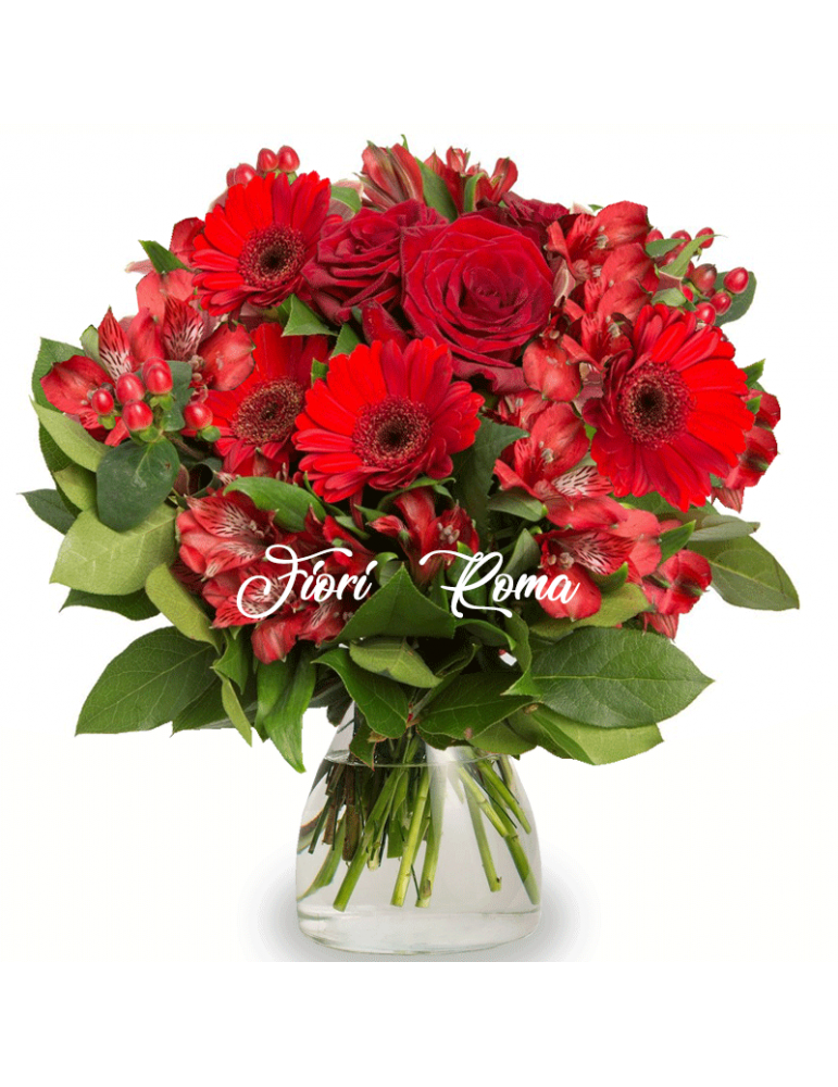 Il Bouquet è in Tonalità del Rosso con gerbere rose e fiori misti disponibile presso Negozio di Fiori a Via Candia Roma