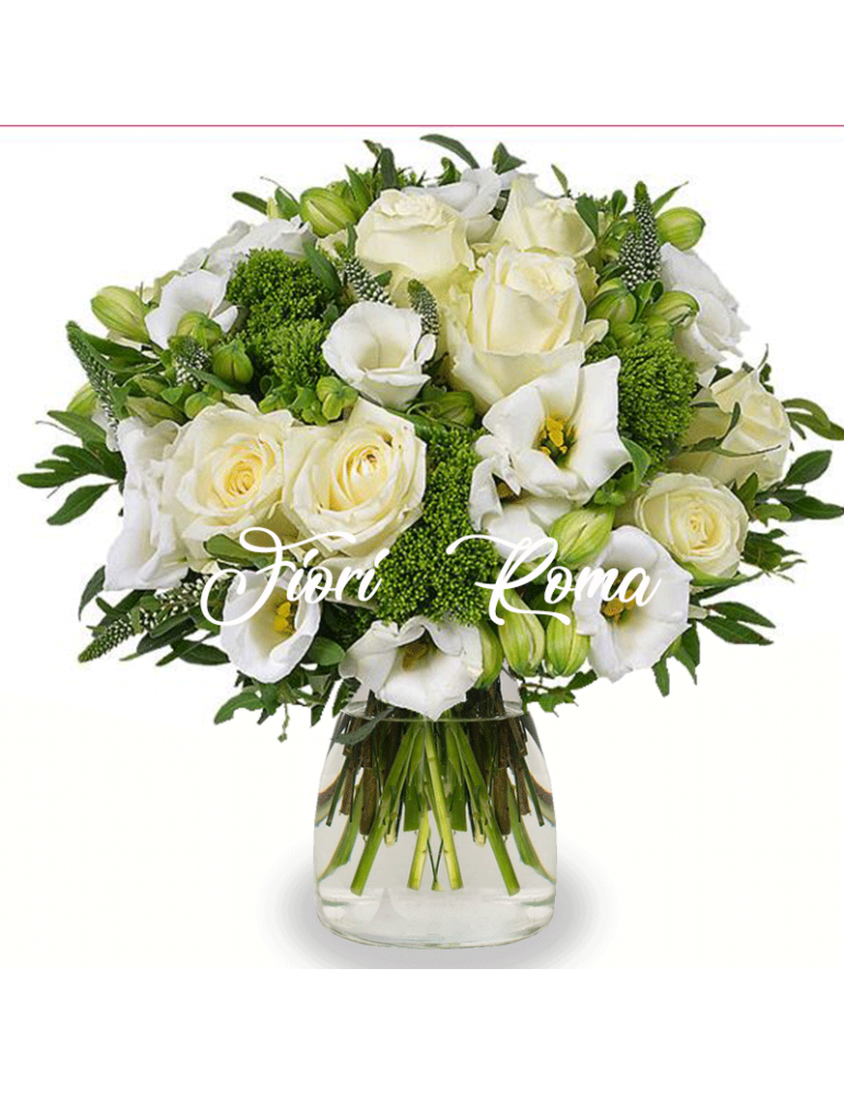 Bouquet Kelly  è con Rose Bianche e Fiori Misti Bianchi compralo dal negozio di fiori a roma vicino ospedale gemelli