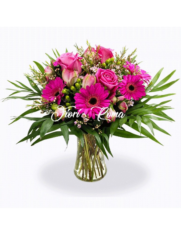 Flower shop in vigna clara Rome offers you the Bouquet of pink gerberas and pink roses in an elegant package