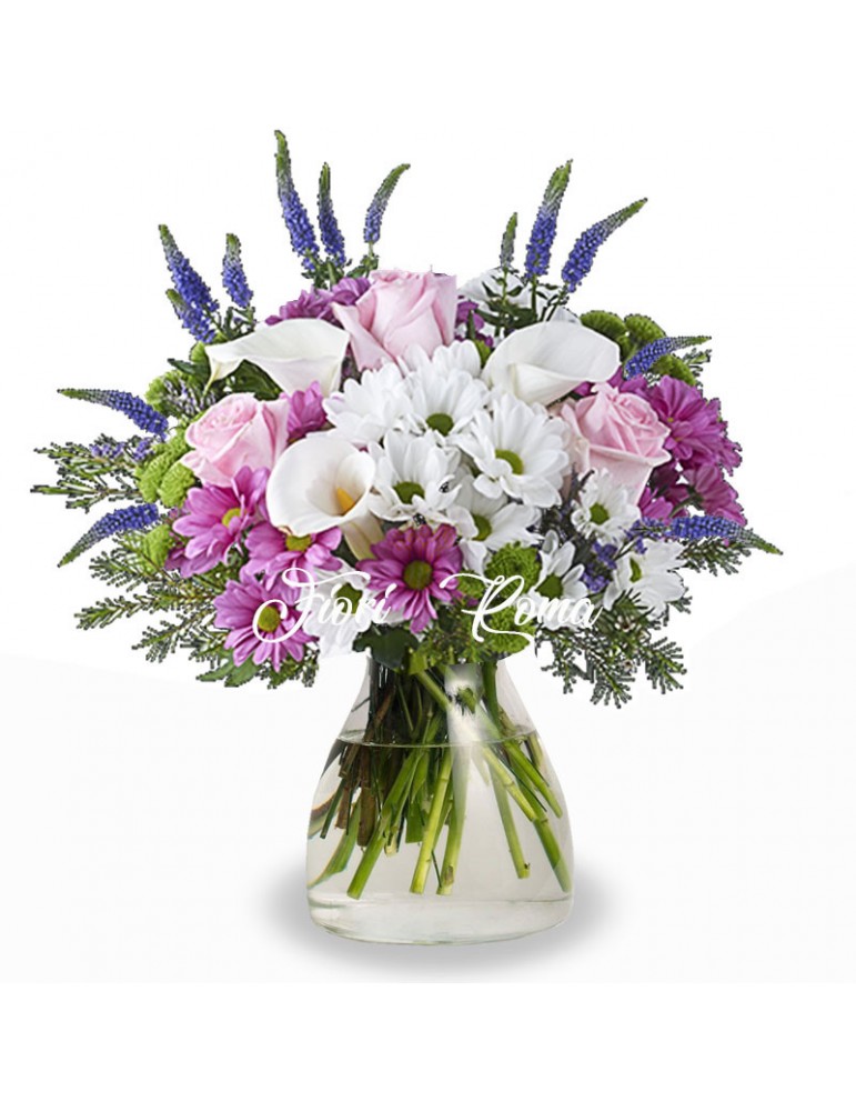 Anniversary bouquet with lavender flowers, white daisies, pink roses and white calla lilies you can find it at Fiori-Roma.it