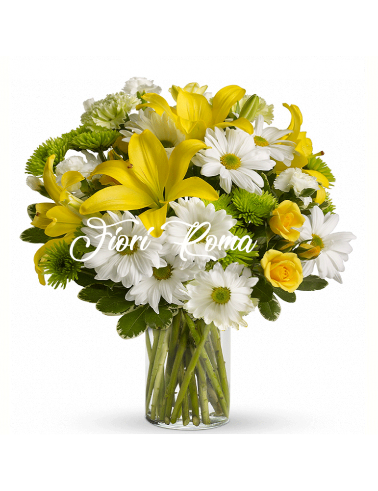 bouquet con lilium gialli rose gialle e fiori banchi in elegante confezione lo puoi regalare per l'anniversario di matrimonio.