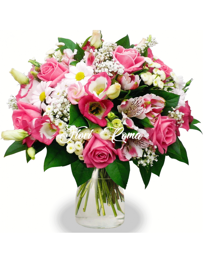 Bouquet Fantasy tonalità del rosa con alstromerie rose e lisiantus. Acquistalo presso Negozio di Fiori a san giovanni roma