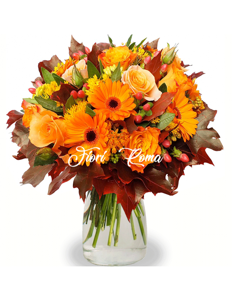 Bouquet Autumn in Love per Anniversario con rose gialle, gerbere arancio e fiori di complemento arancio.