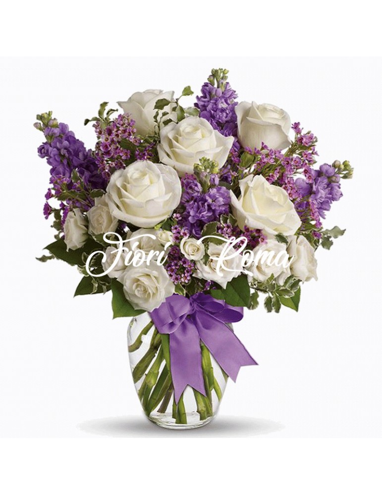 Charm bouquet with white roses and lilac flowers at Flower shop in Rome, Tiburtina area