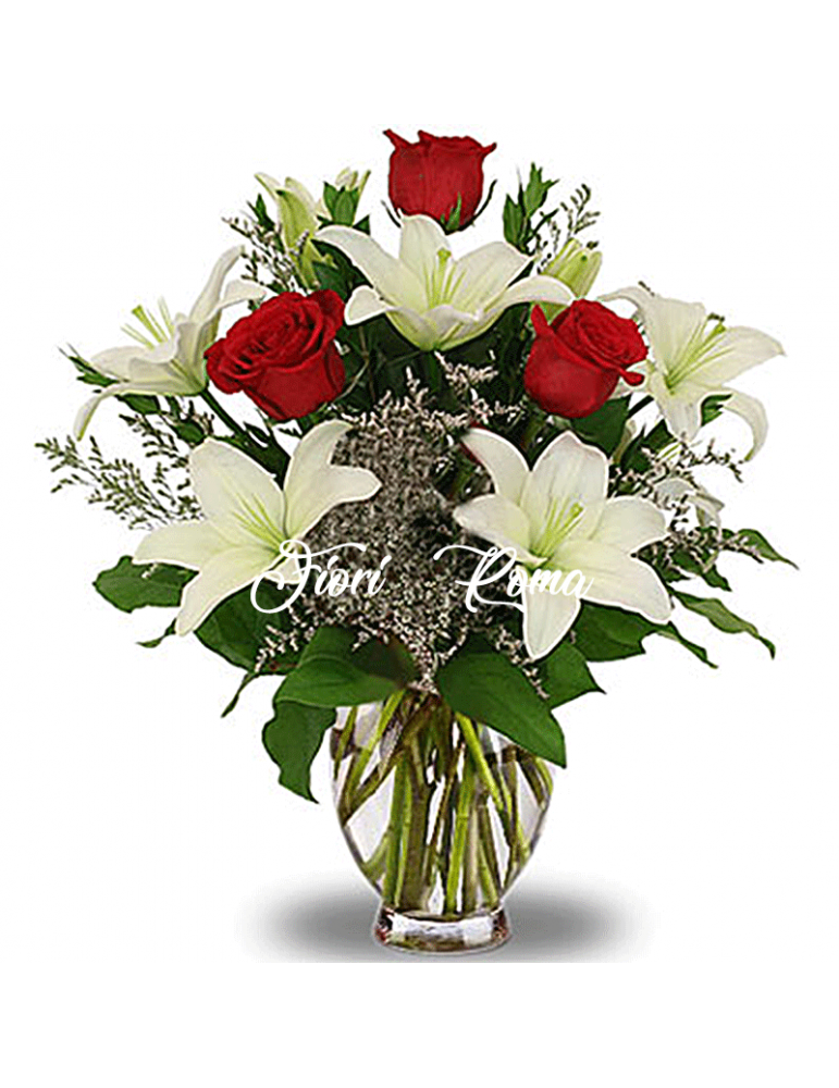 Bouquet con Lilium bianchi  e Rose Rosse
