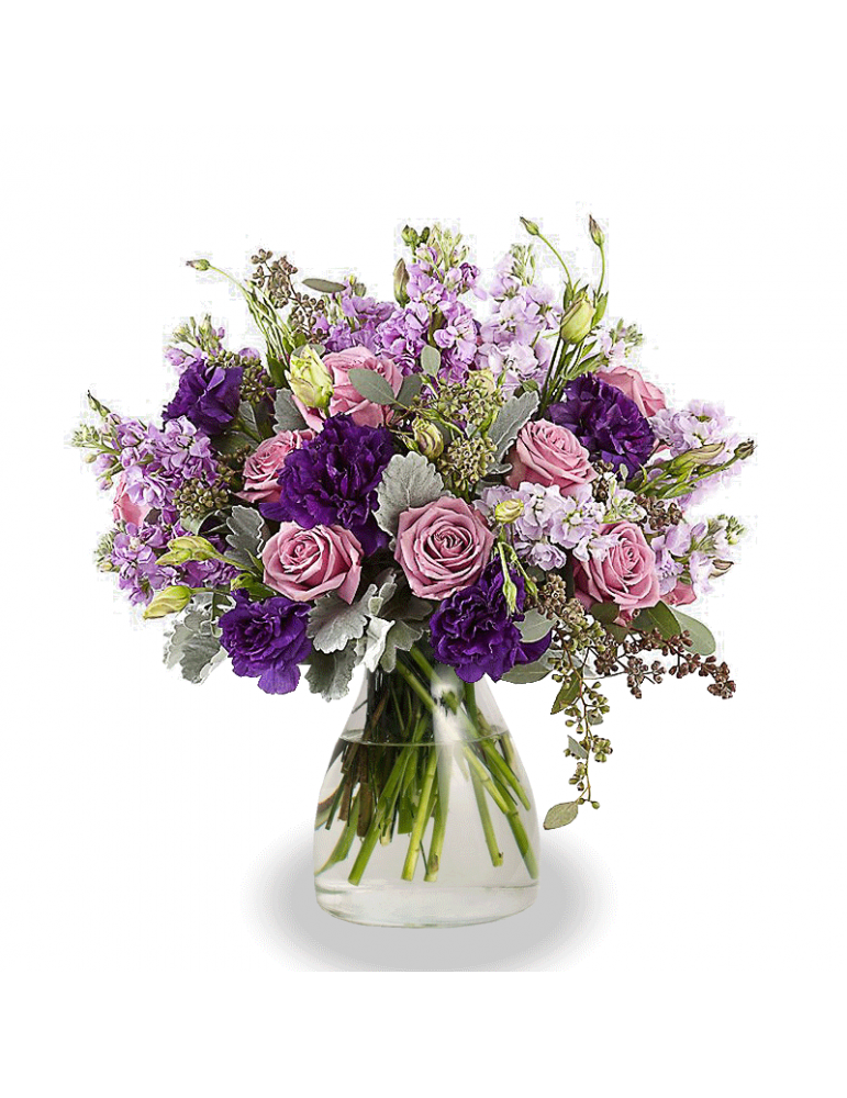 elegante Bouquet Profumo di Primavera con rose rosa lisiantus viola e viola a ciocca rosa.