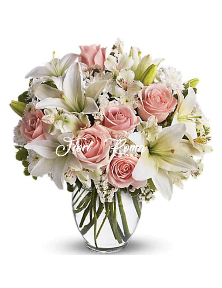 The bouquet elein is composed of white lilies and pink roses.