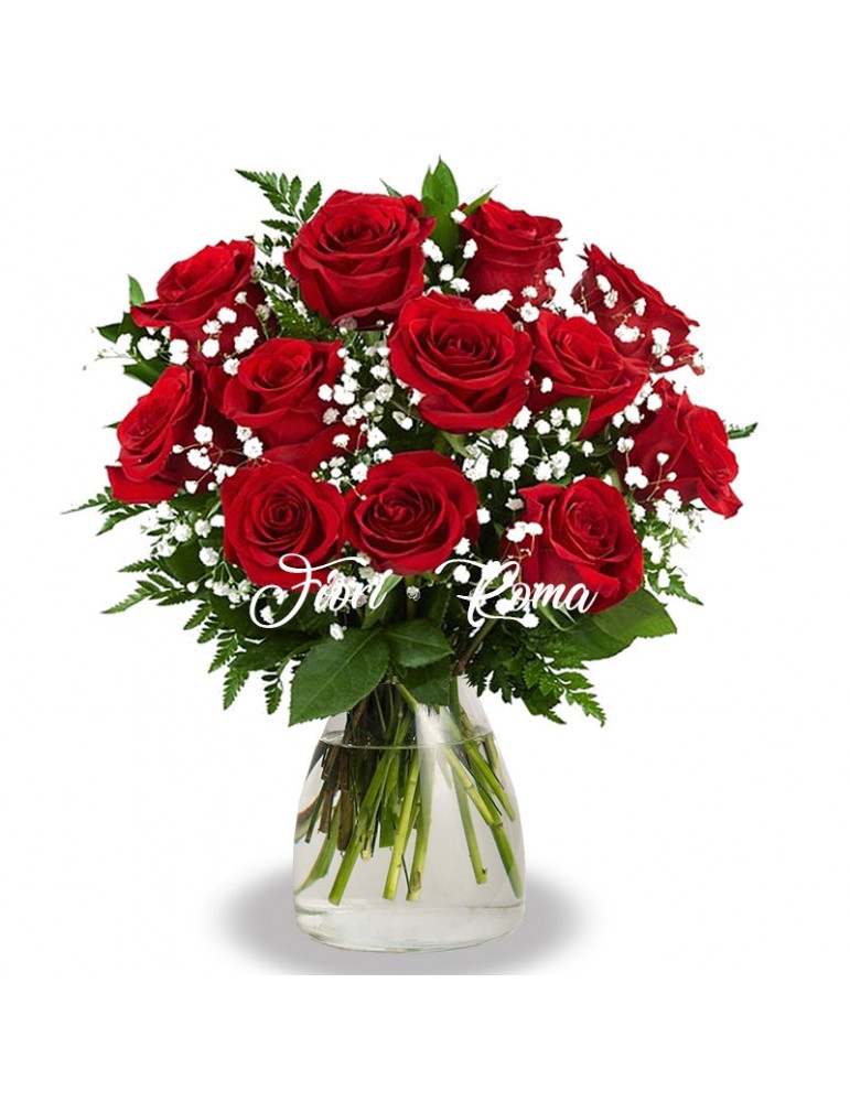 Bouquet with 12 fragrant Red Roses and flowers baby breath