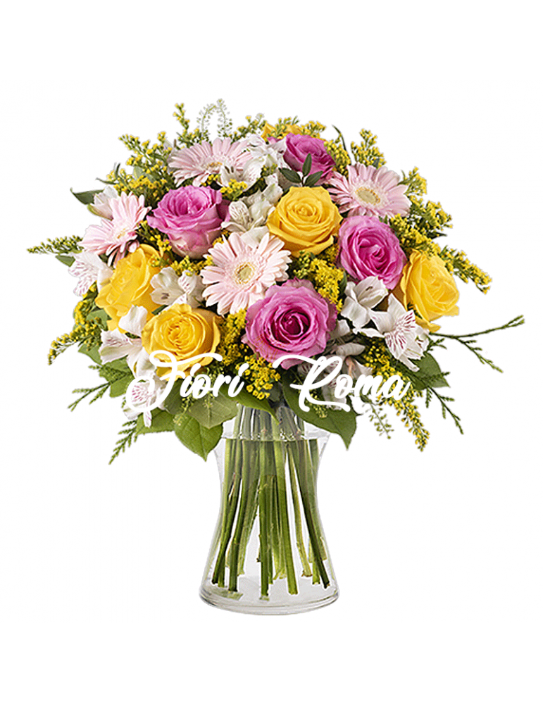 The debra bouquet includes pink roses, yellow roses and white flowers