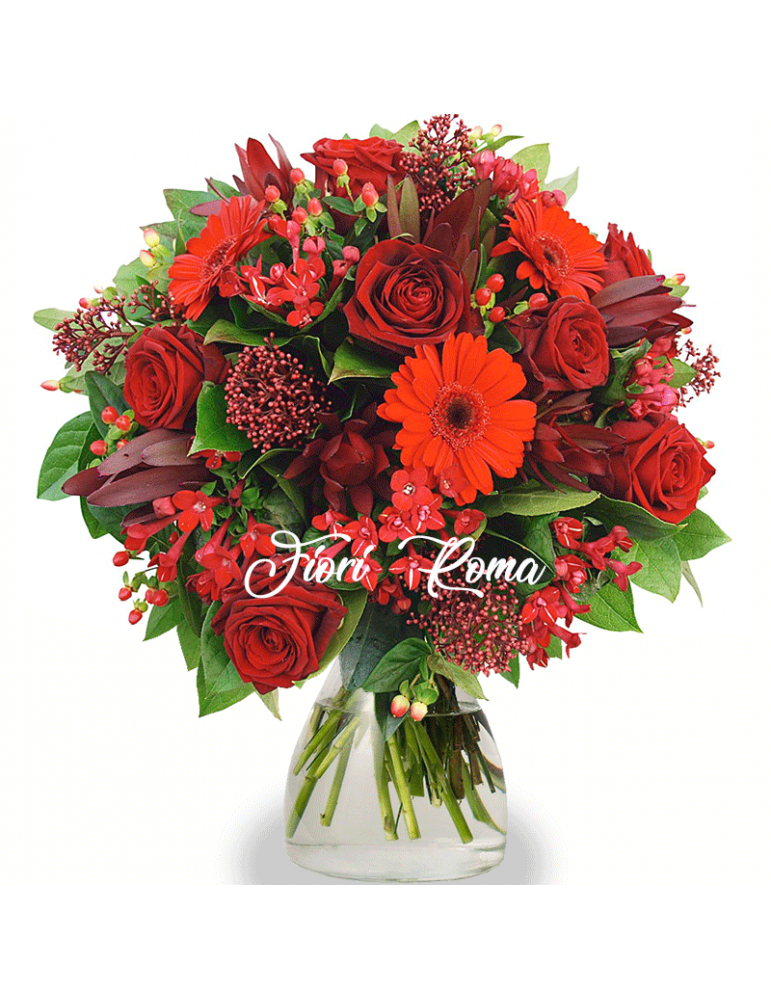 The Althea Bouquet is composed of red gerberas and red roses with insertion of particular greens