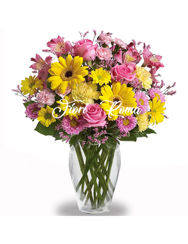 Bouquet with pink roses, yellow gerberas and pink alstroemeria