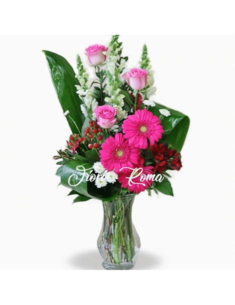Brooke bouquet with pink gerberas, pink roses and  complementing green