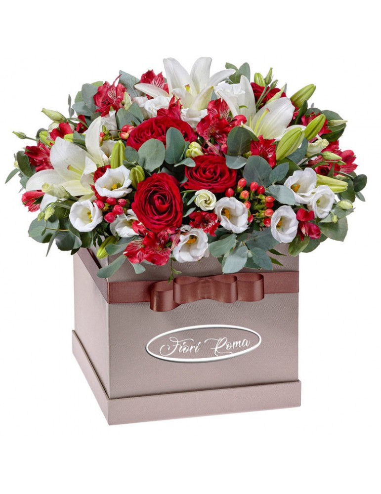Mixed flower box with red roses, white lisianthus and white lilies.