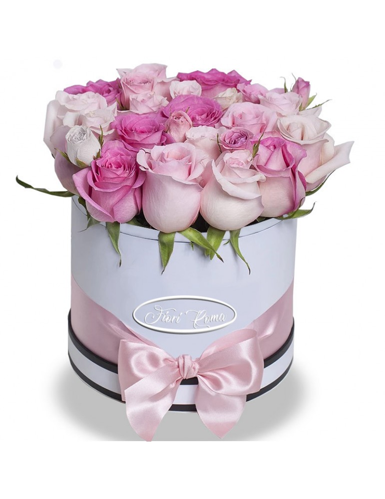 Box con 24 rose rosa di varie sfumature.