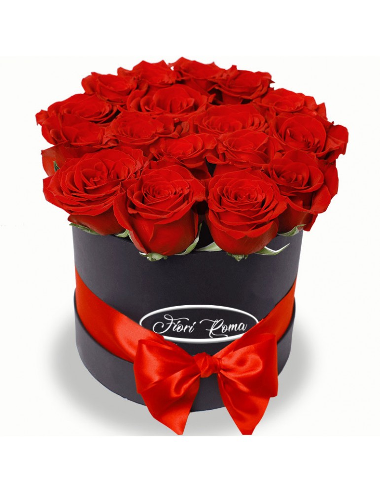 18 red roses packed in an elegant box.