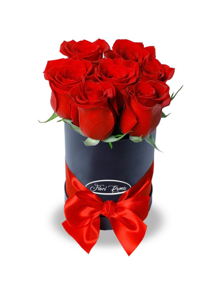 Box of 7 red roses in elegant packaging