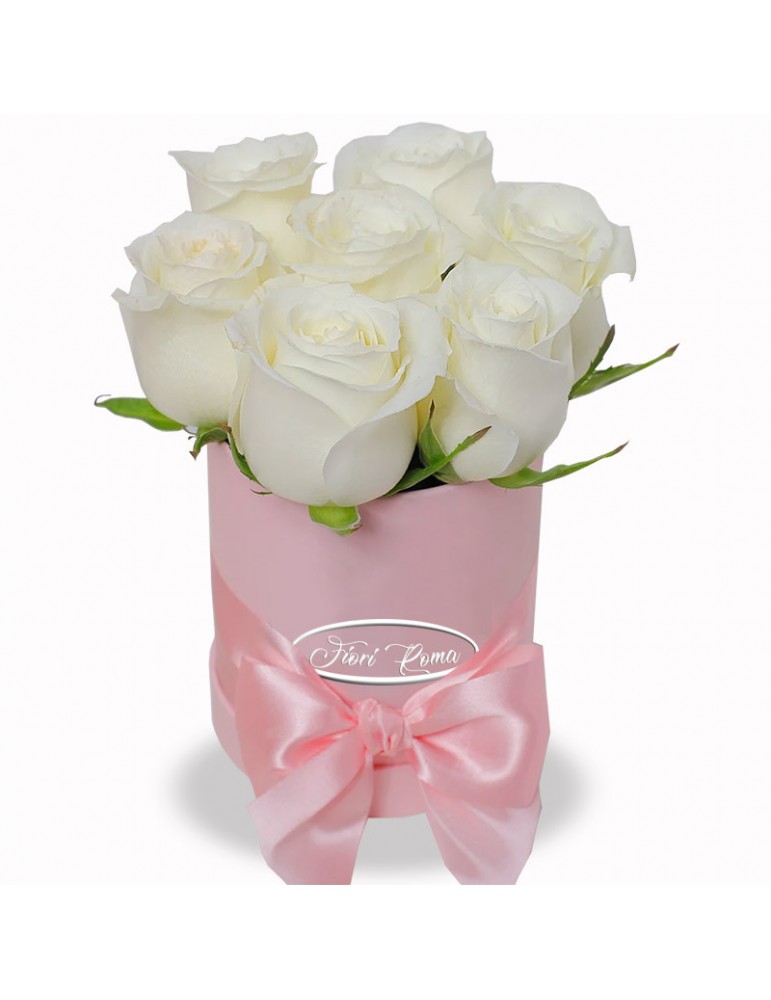 Box of 7 white roses in elegant packaging