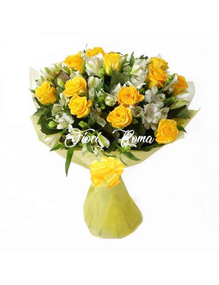 Bouquet with yellow roses and white alstroemerie