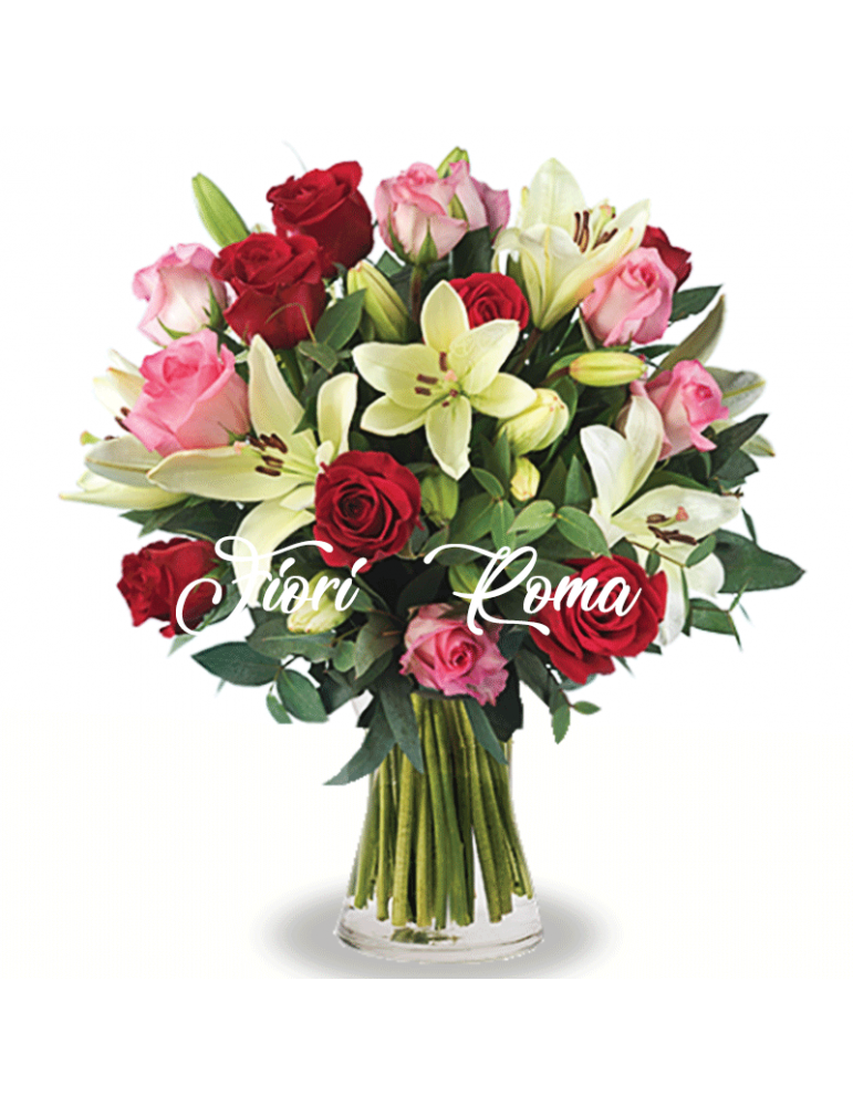 Il bouquet althea è composto da lilium bianchi e rose rosse e rosa