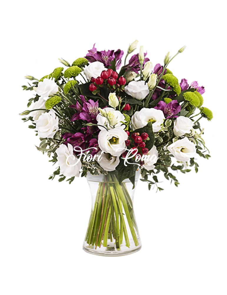 Naomi bouquet for birthday is with white lisianthus, fuchsia alstroemeria and green san carlino