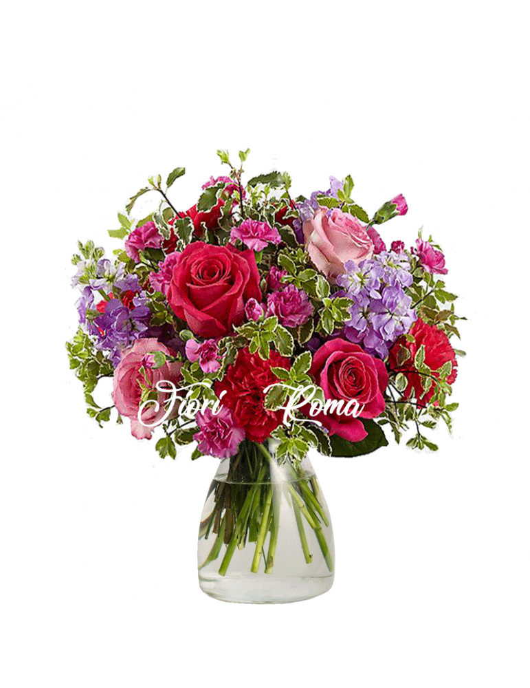 Peggy bouquet with mixed flowers shades of antique pink and fuchsia with pink roses and fuchsia alstromerie