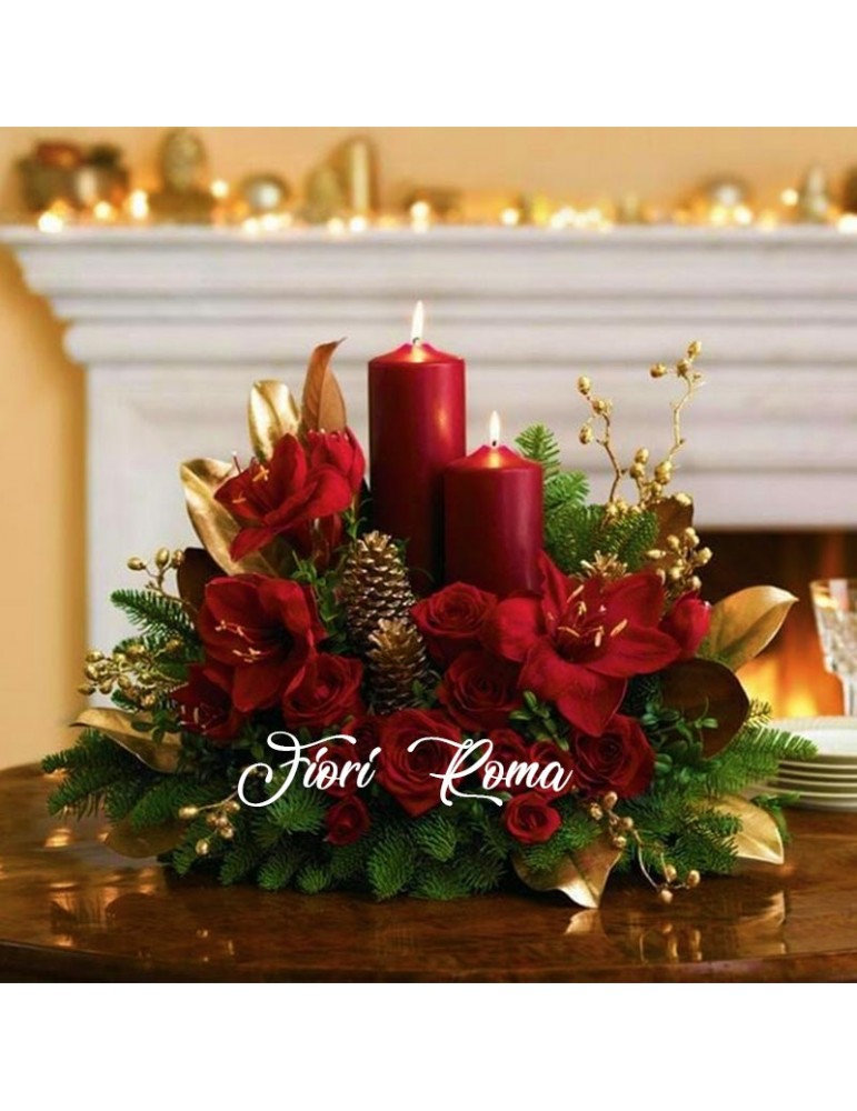 Christmas centerpiece with amarillys red roses and decorations