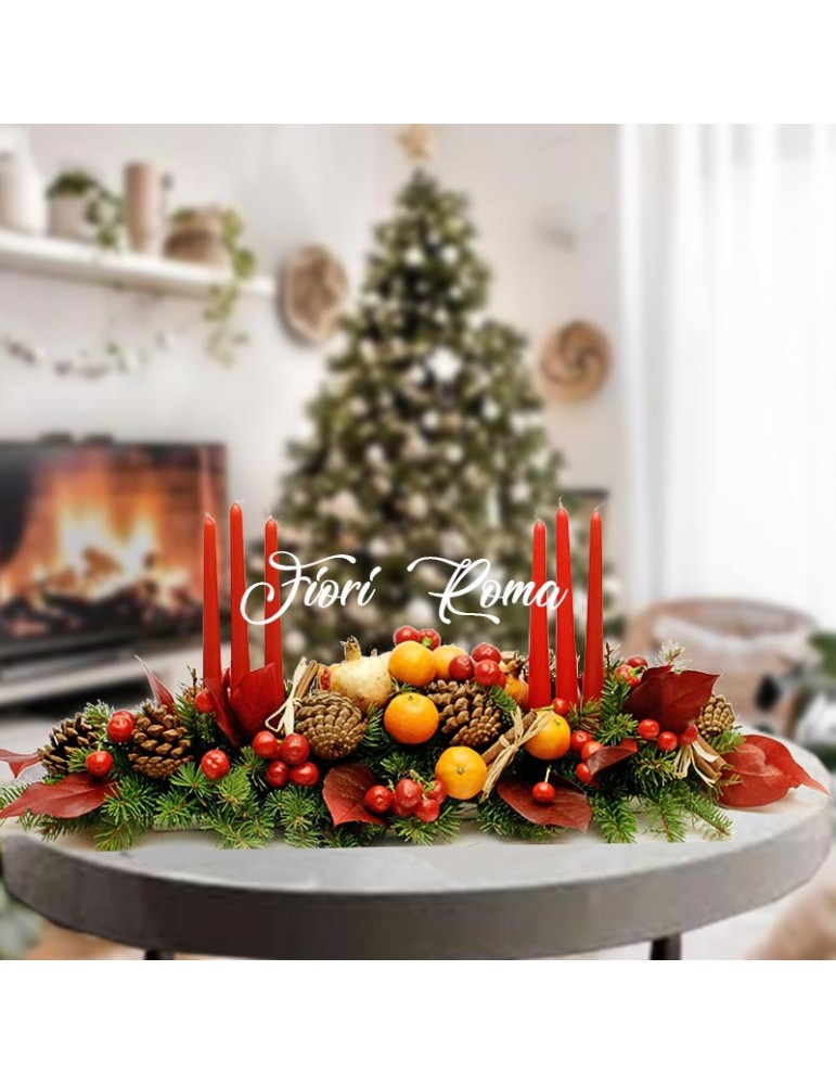 Christmas centerpiece with six red candles natural fir and natural pine cones with insertion of seasonal fruit