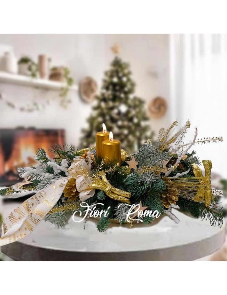 Centerpiece with Christmas decorations, natural fir, natural pine cones and bow and gold candles.