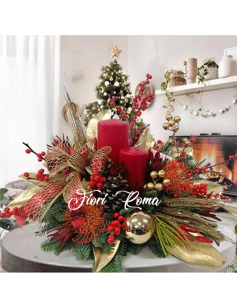Red Christmas Centerpiece. Natural fir berries and natural fruit and 2 large red candles