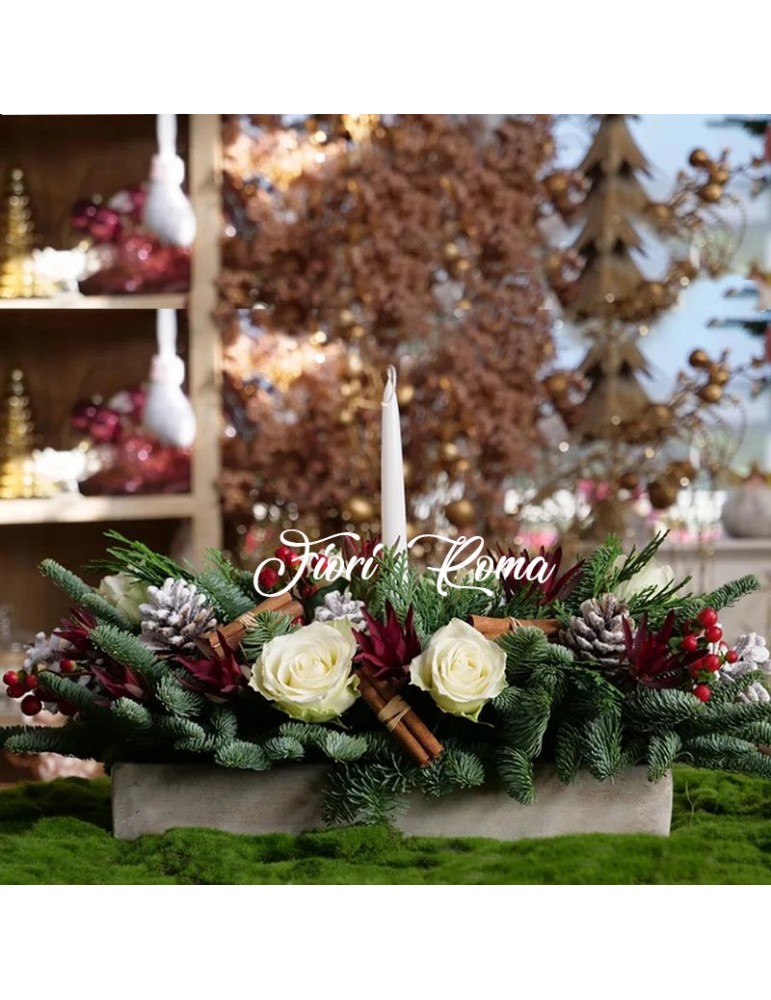 Christmas centerpiece with fir tree berries and special flowers, destined for Rome by GRA.