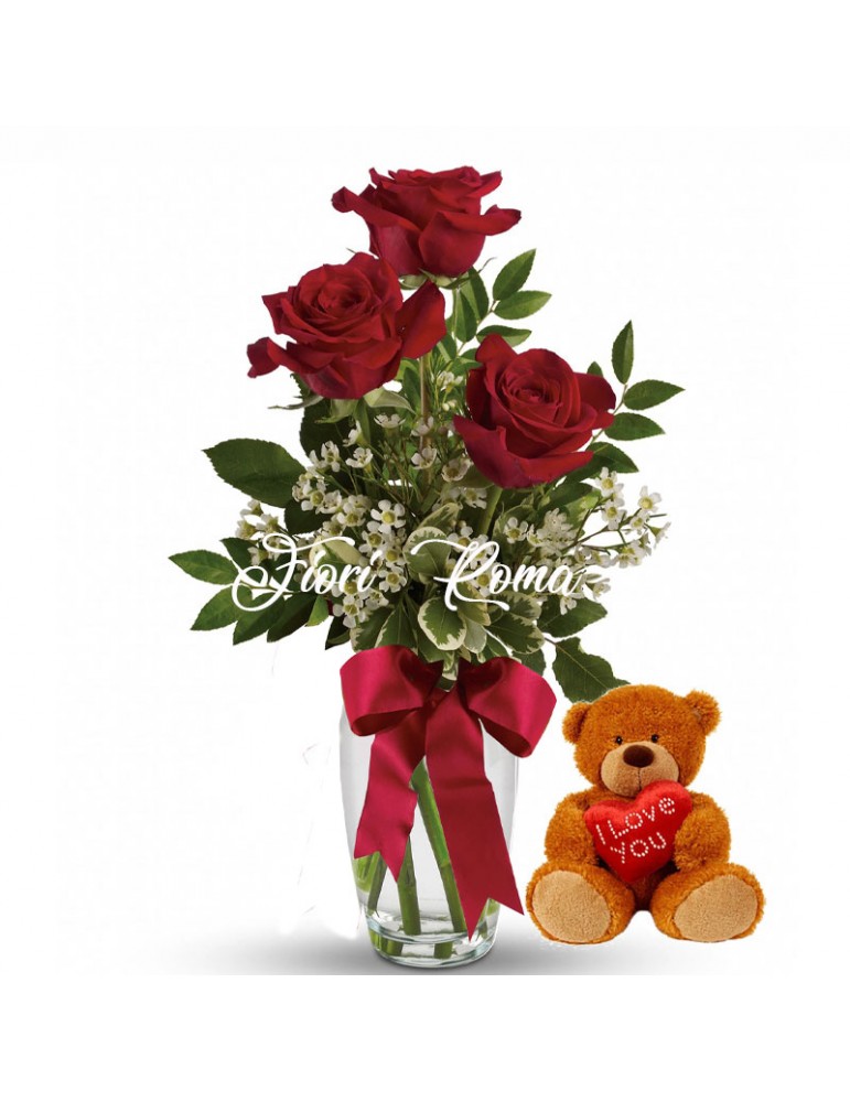 Three red roses and a gift teddy bear for Valentine's Day in Rome