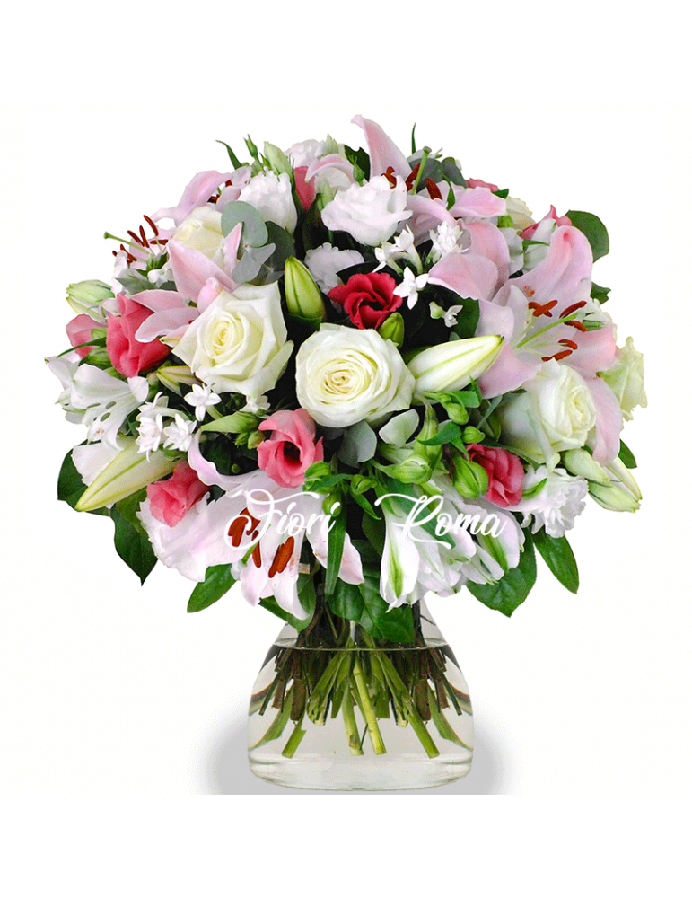 Bouquet Piccadilly con rose bianche e rosa e lilium bianchi e rosa acquistalo presso il Fioraio a Roma a via pineta sacchetti