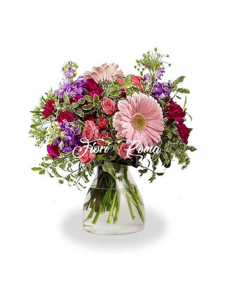 Chanel Bouquet is with mixed flowers red and pink roses and purple flowers. Florist in Corso Francia Rome home delivery