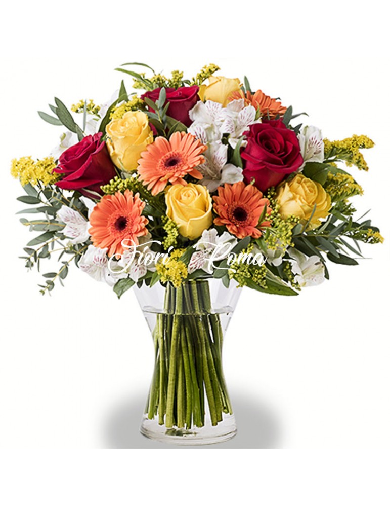 Fioraio a Via Gregorio VII Roma ti propone il Bouquet Sunshine con rose rosse rose arancio e rose gialle per il suo compleanno