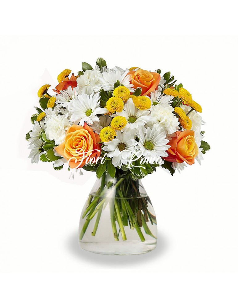 Bouquet Daisy e formato da rose arancio e margherite bianche puoi acquistarlo presso il fioraio a montespaccato roma